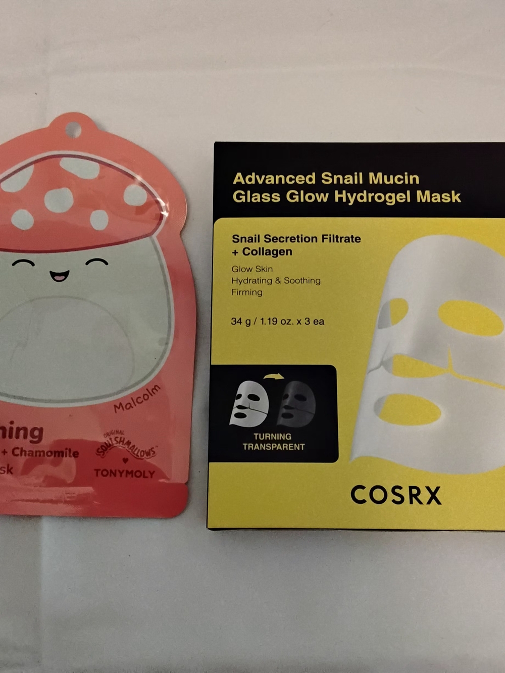 COSRX Advanced Snail Mucin Hydrogel Mask & Tony Moly Calendula + Chamomille Mask